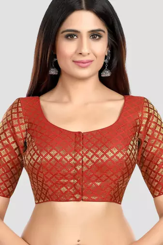 Brocade maroon elbow sleeves round neck padded readymade saree blouse
