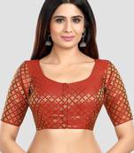 Brocade maroon elbow sleeves round neck padded readymade saree blouse
