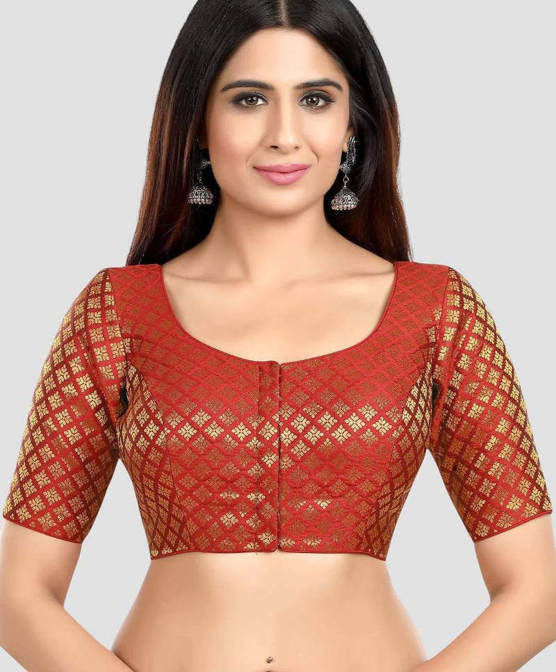 Brocade maroon elbow sleeves round neck padded readymade saree blouse