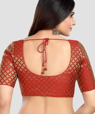 Brocade maroon elbow sleeves round neck padded readymade saree blouse 2