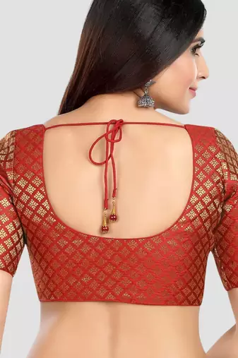 Brocade maroon elbow sleeves round neck padded readymade saree blouse