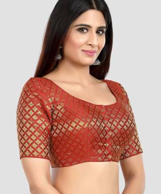 Brocade maroon elbow sleeves round neck padded readymade saree blouse 3