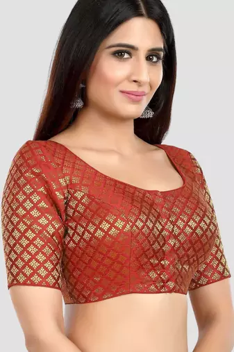 Brocade maroon elbow sleeves round neck padded readymade saree blouse