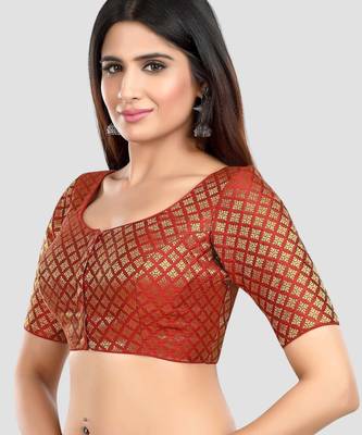 Brocade maroon elbow sleeves round neck padded readymade saree blouse 4