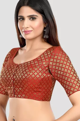 Brocade maroon elbow sleeves round neck padded readymade saree blouse