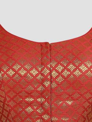 Brocade maroon elbow sleeves round neck padded readymade saree blouse 5