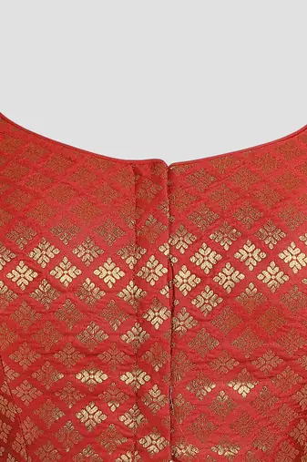 Brocade maroon elbow sleeves round neck padded readymade saree blouse