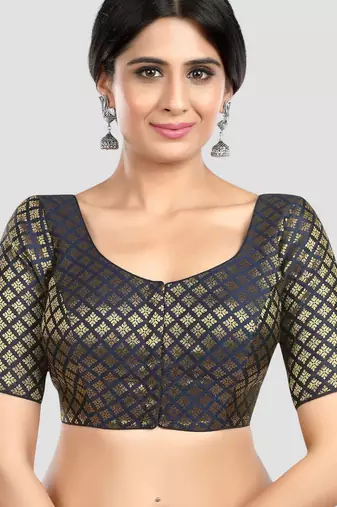 Brocade navy blue elbow sleeves round neck padded readymade saree blouse
