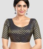 Brocade navy blue elbow sleeves round neck padded readymade saree blouse