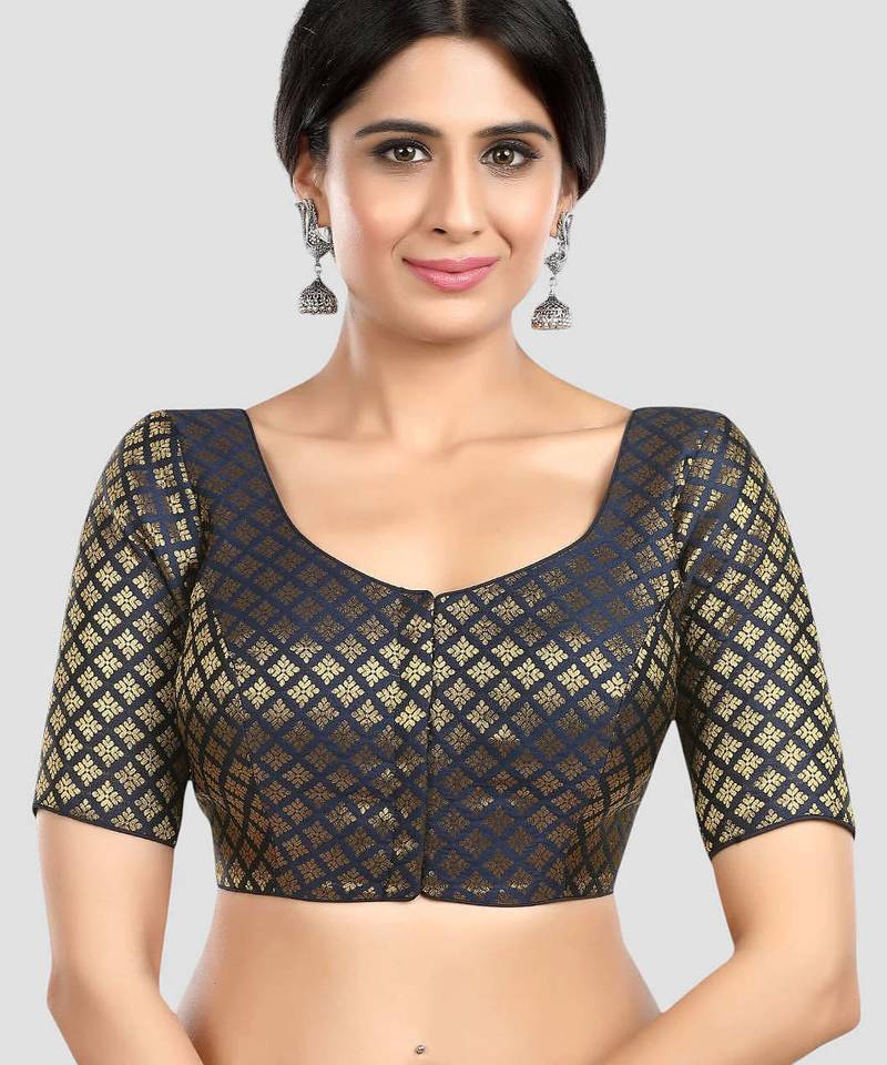 Brocade navy blue elbow sleeves round neck padded readymade saree blouse