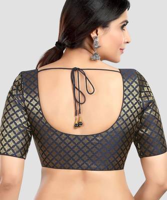 Brocade navy blue elbow sleeves round neck padded readymade saree blouse 2