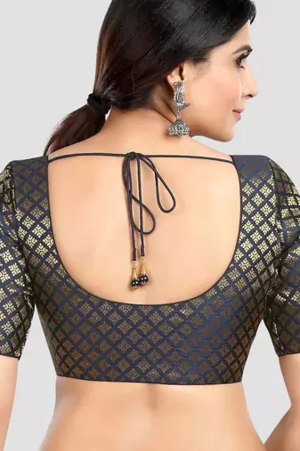 Brocade navy blue elbow sleeves round neck padded readymade saree blouse