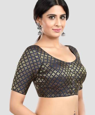 Brocade navy blue elbow sleeves round neck padded readymade saree blouse 3