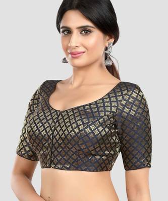 Brocade navy blue elbow sleeves round neck padded readymade saree blouse 4