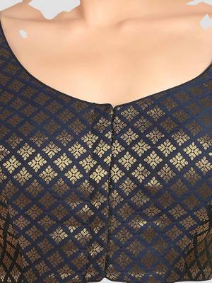 Brocade navy blue elbow sleeves round neck padded readymade saree blouse 5
