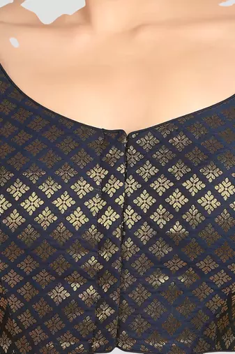 Brocade navy blue elbow sleeves round neck padded readymade saree blouse