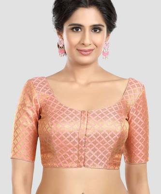 Brocade peach elbow sleeves round neck padded readymade saree blouse 1