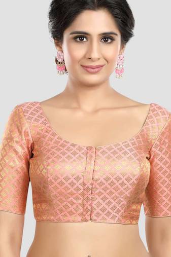 Brocade peach elbow sleeves round neck padded readymade saree blouse