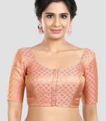Brocade peach elbow sleeves round neck padded readymade saree blouse