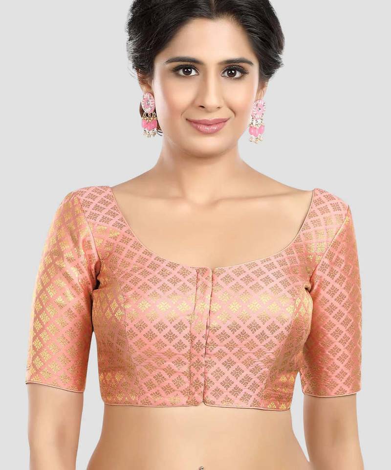 Brocade peach elbow sleeves round neck padded readymade saree blouse