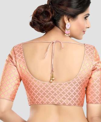 Brocade peach elbow sleeves round neck padded readymade saree blouse 2