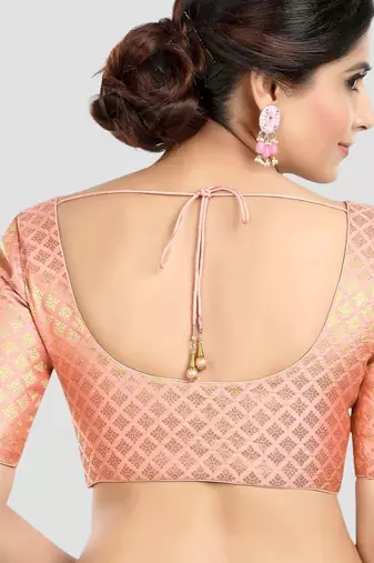 Brocade peach elbow sleeves round neck padded readymade saree blouse