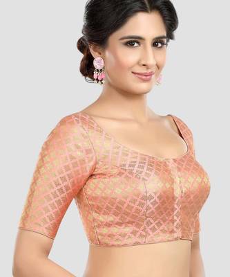 Brocade peach elbow sleeves round neck padded readymade saree blouse 3