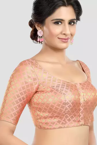 Brocade peach elbow sleeves round neck padded readymade saree blouse