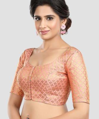 Brocade peach elbow sleeves round neck padded readymade saree blouse 4