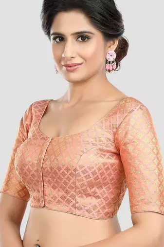Brocade peach elbow sleeves round neck padded readymade saree blouse