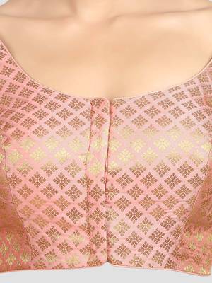 Brocade peach elbow sleeves round neck padded readymade saree blouse 5