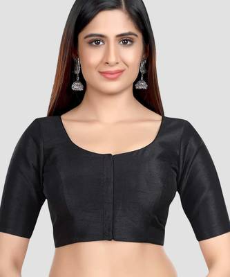 Black kora silk elbow sleeves round neck padded readymade saree blouse 1