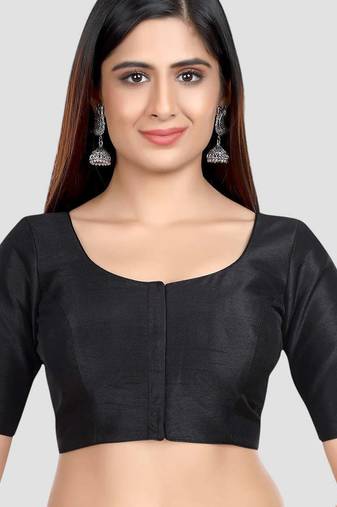 Black kora silk elbow sleeves round neck padded readymade saree blouse