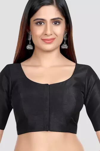 Black kora silk elbow sleeves round neck padded readymade saree blouse