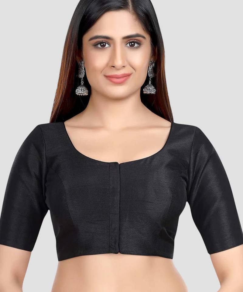 Black kora silk elbow sleeves round neck padded readymade saree blouse