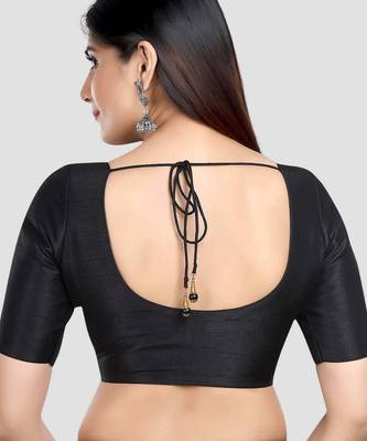 Black kora silk elbow sleeves round neck padded readymade saree blouse 2
