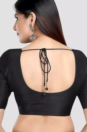 Black kora silk elbow sleeves round neck padded readymade saree blouse