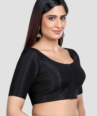 Black kora silk elbow sleeves round neck padded readymade saree blouse 3
