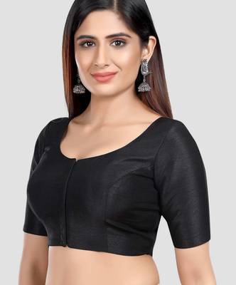Black kora silk elbow sleeves round neck padded readymade saree blouse 4