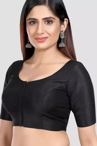 Black kora silk elbow sleeves round neck padded readymade saree blouse
