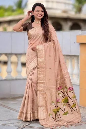 soft pure muga cotton  saree with meenakari  weaving  motifs and contrast blouse