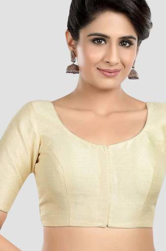 Cream kora soilk solid readymade saree blouse with round neckline