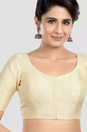 Cream kora soilk solid readymade saree blouse with round neckline