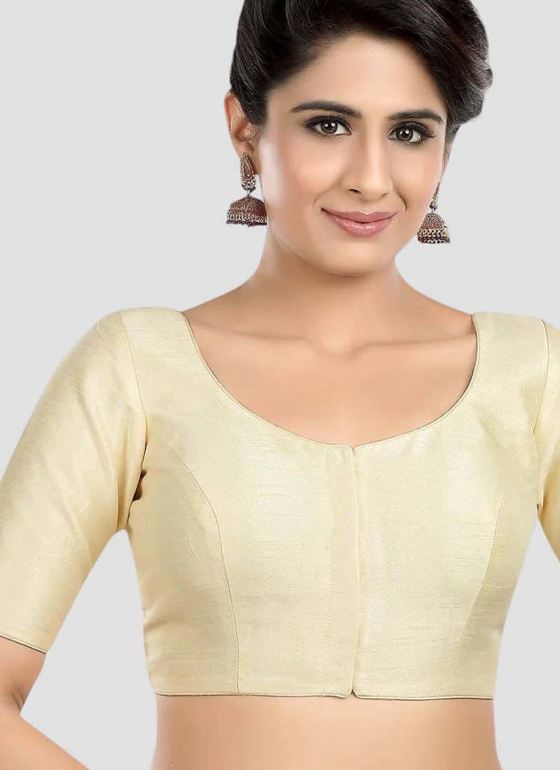 Cream kora soilk solid readymade saree blouse with round neckline