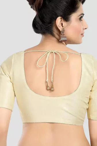 Cream kora soilk solid readymade saree blouse with round neckline