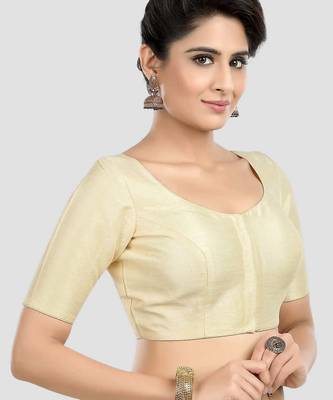 Cream kora soilk solid readymade saree blouse with round neckline 3