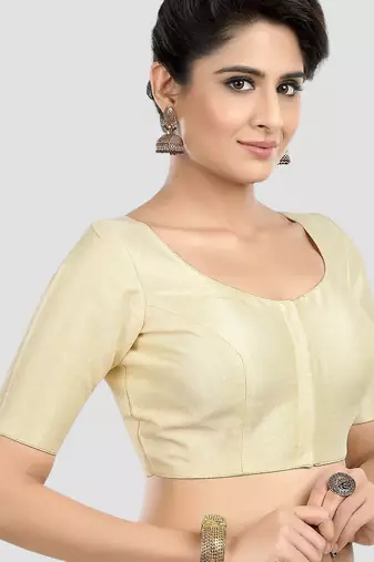 Cream kora soilk solid readymade saree blouse with round neckline