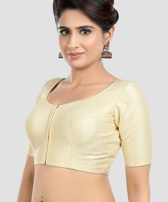 Cream kora soilk solid readymade saree blouse with round neckline 4