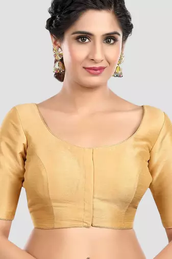 Golden grace: ethnic round neck elbow sleeves readymade saree blouse