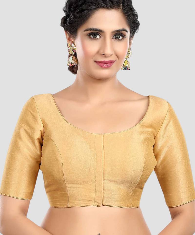 Golden grace: ethnic round neck elbow sleeves readymade saree blouse